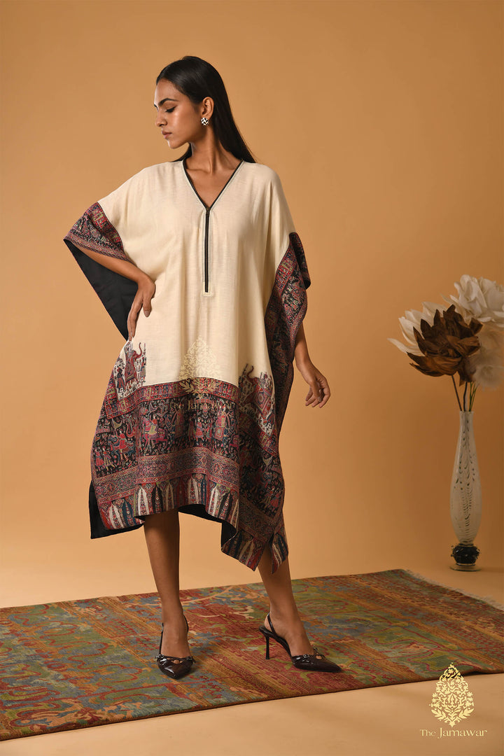 Off-White Merino Wool Kaftan with Ethnic Borders