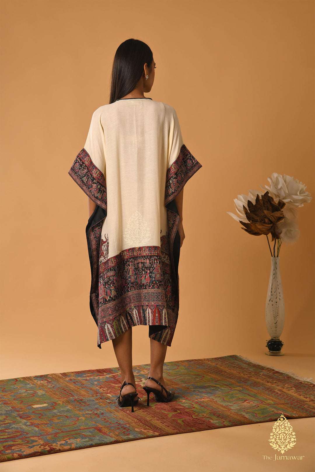 Off-White Merino Wool Kaftan with Ethnic Borders