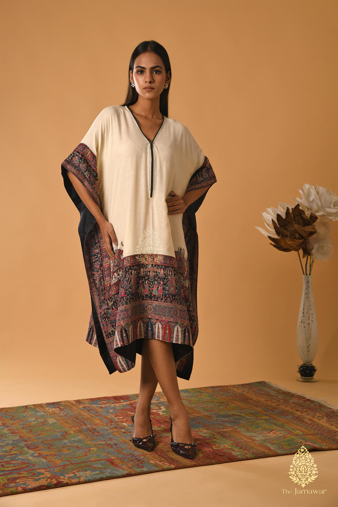 Off-White Merino Wool Kaftan with Ethnic Borders