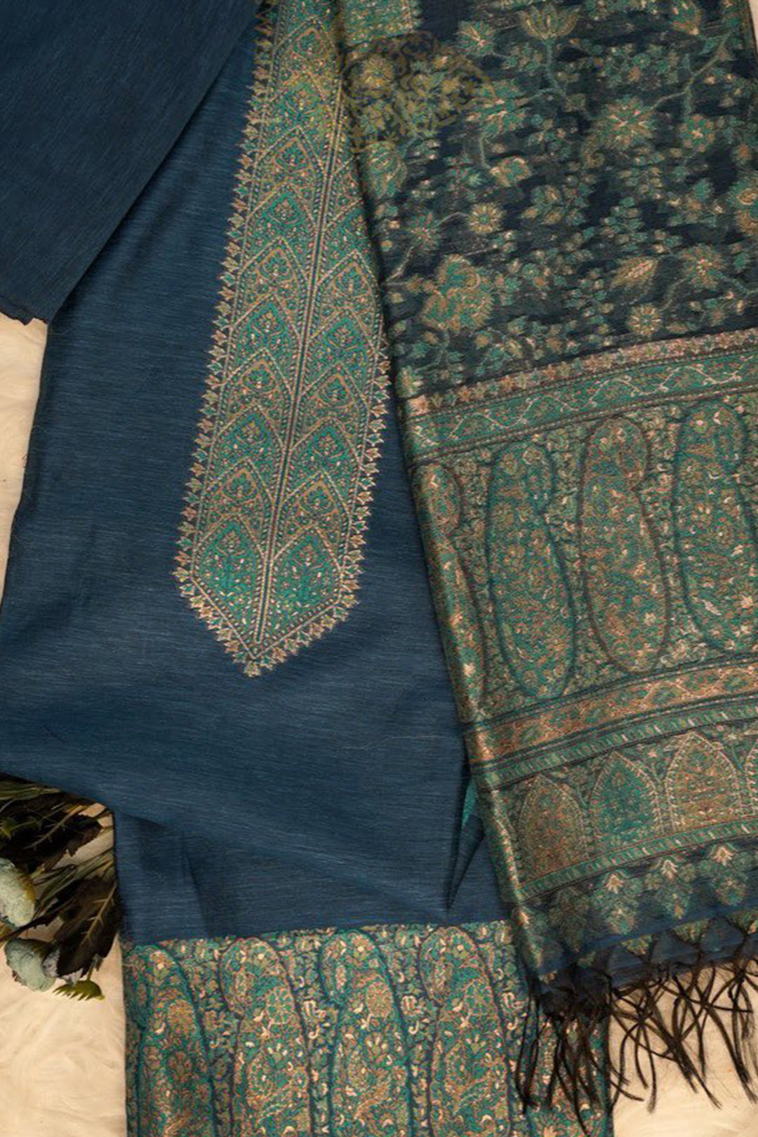 Paisley Teal Cotton Silk Unstitched Suit - TJ004