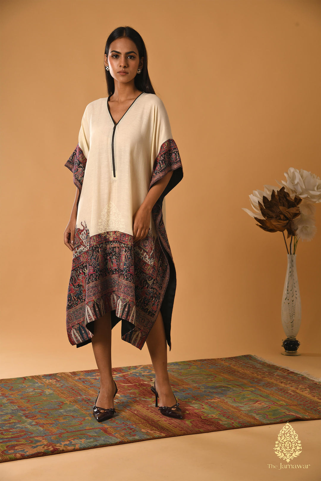 Off-White Merino Wool Kaftan with Ethnic Borders