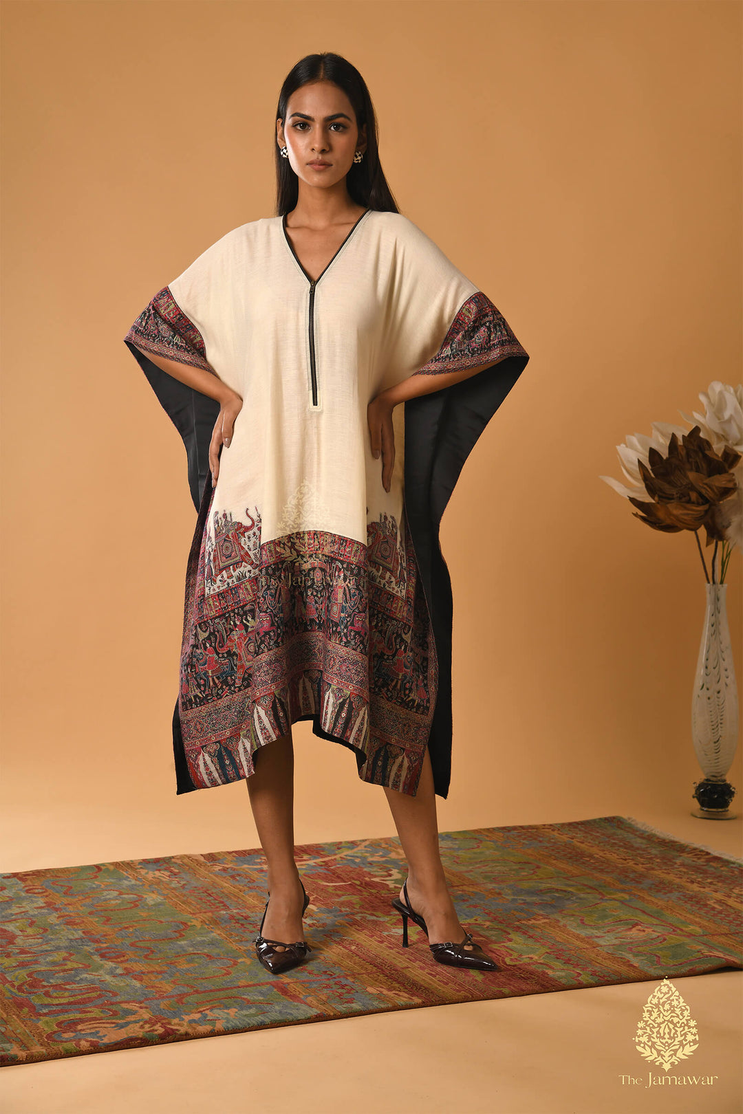 Off-White Merino Wool Kaftan with Ethnic Borders