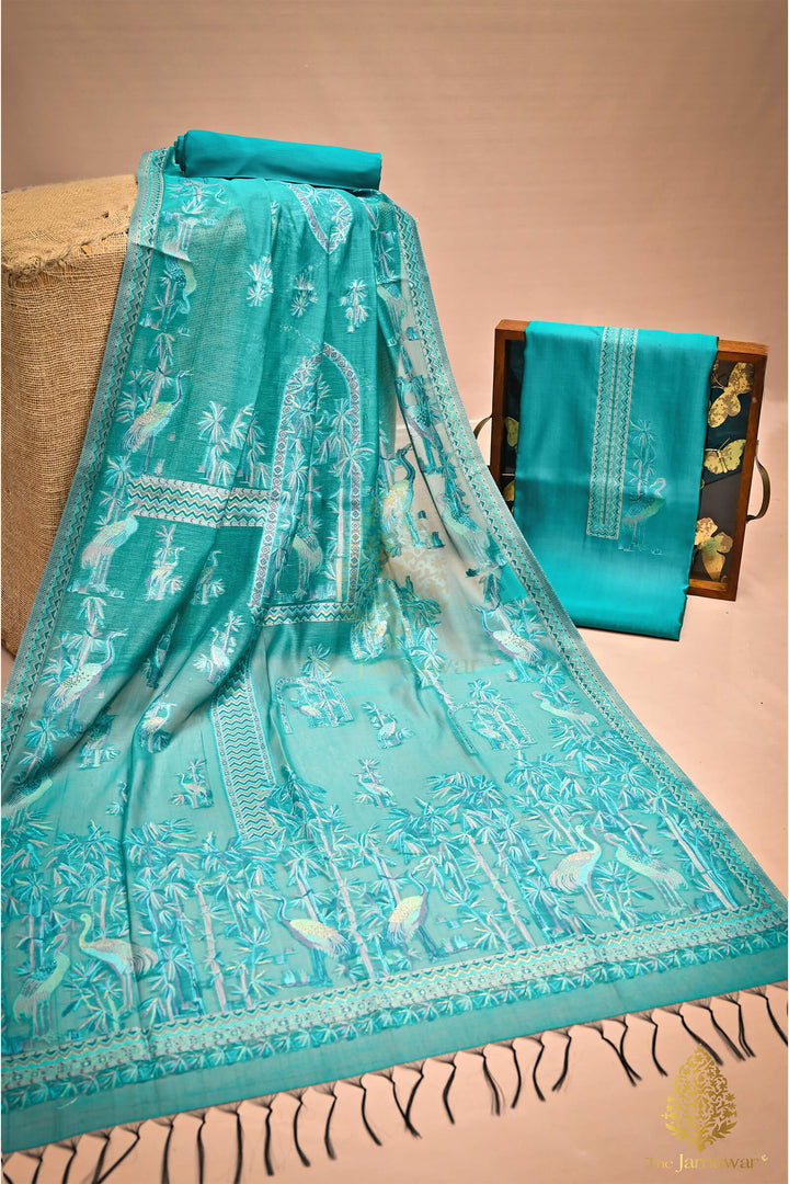 Teal Luxe Cotton and Silk Unstitched Suit - MS009