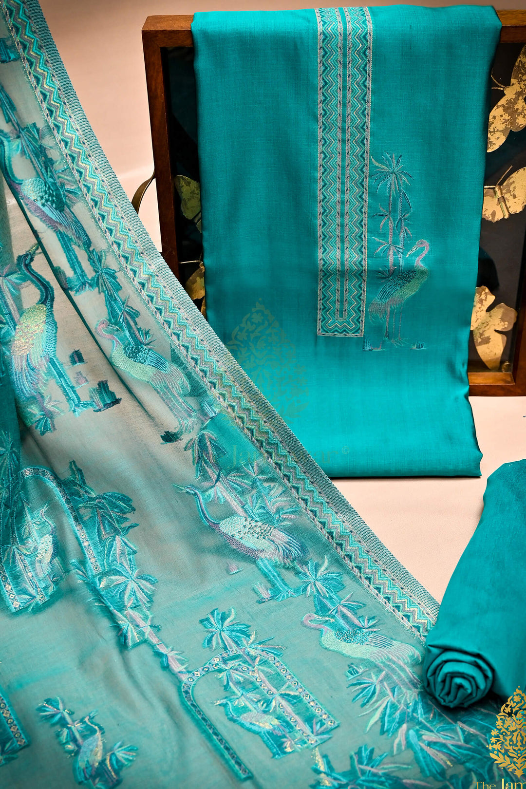 Teal Luxe Cotton and Silk Unstitched Suit - MS009