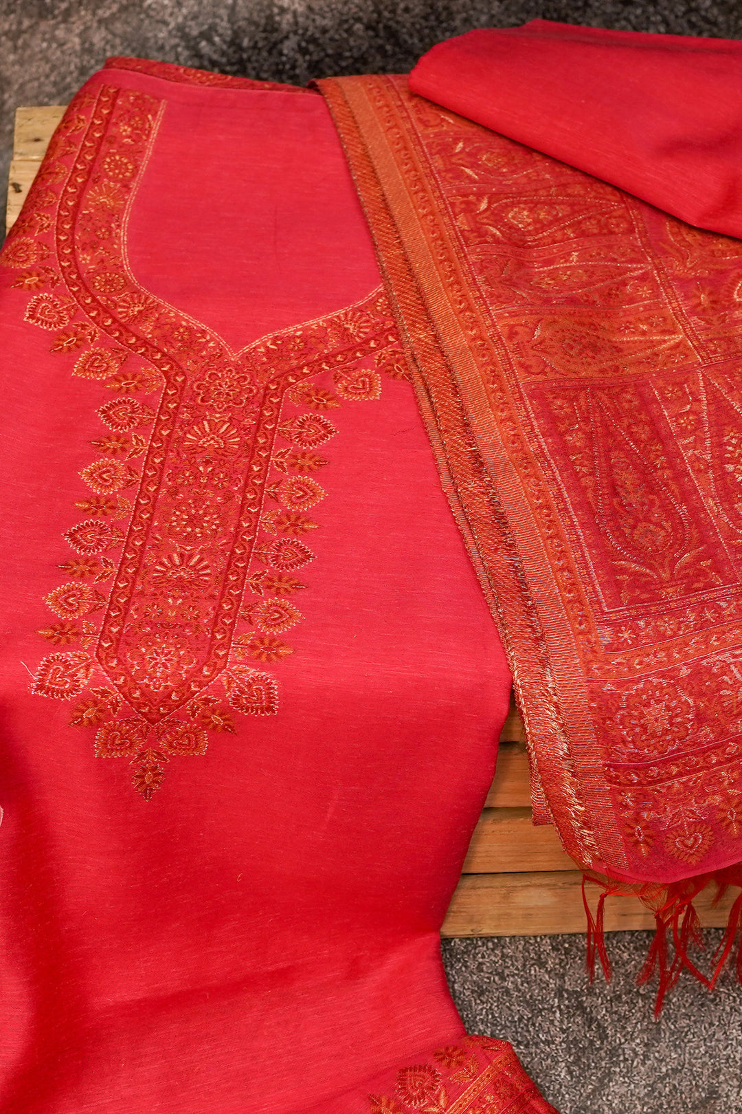 Traditional Red Unstitched Suit Pure Silk