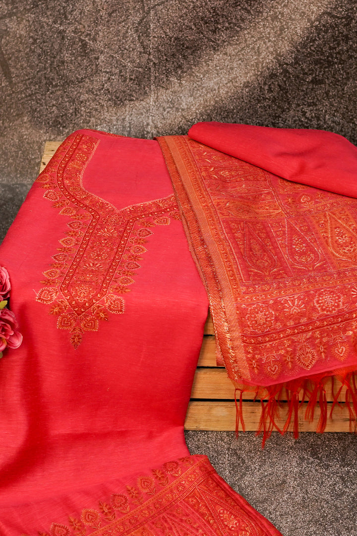 Traditional Red Unstitched Suit Pure Silk