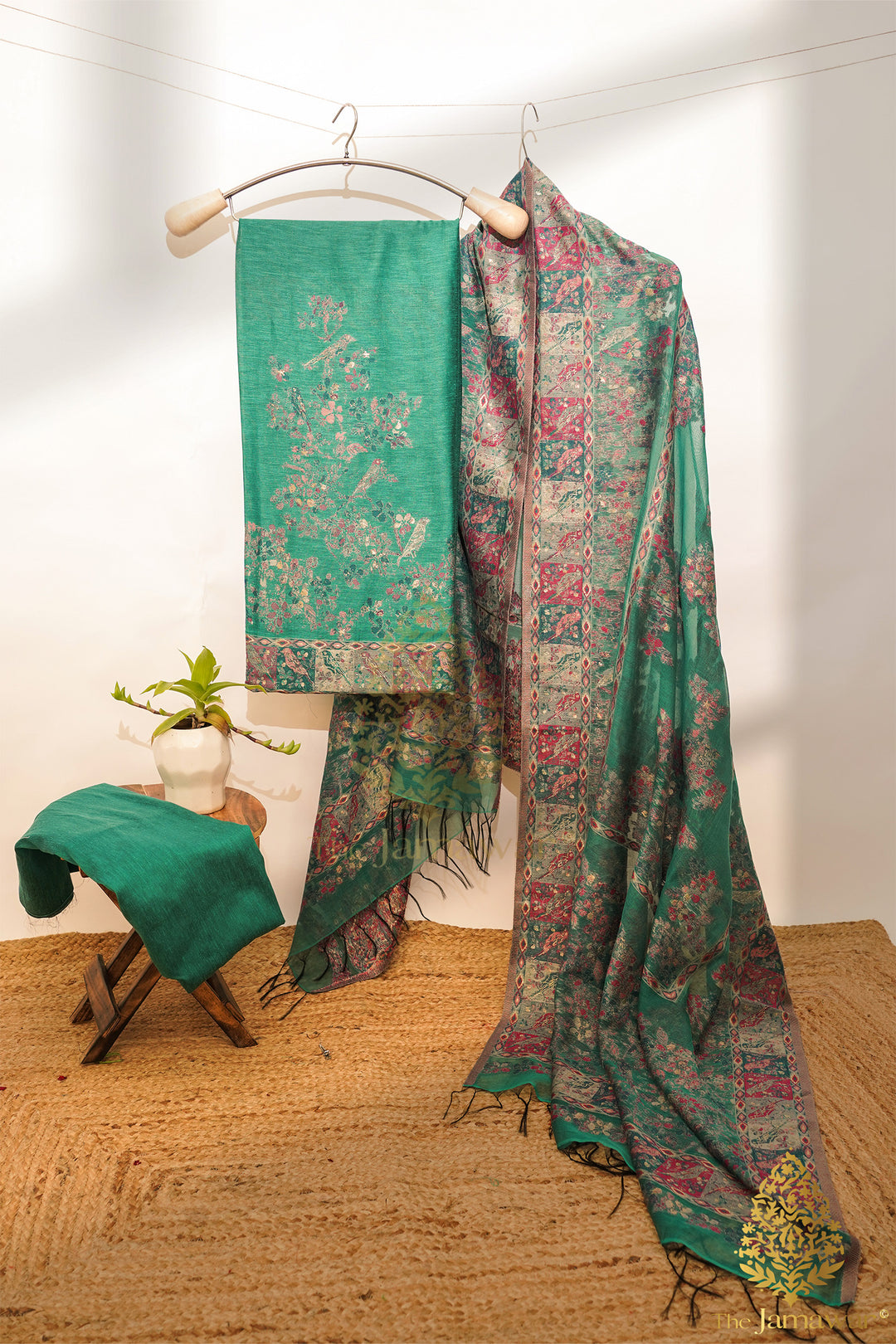 Traditional Green Unstitched Suit Pure Silk