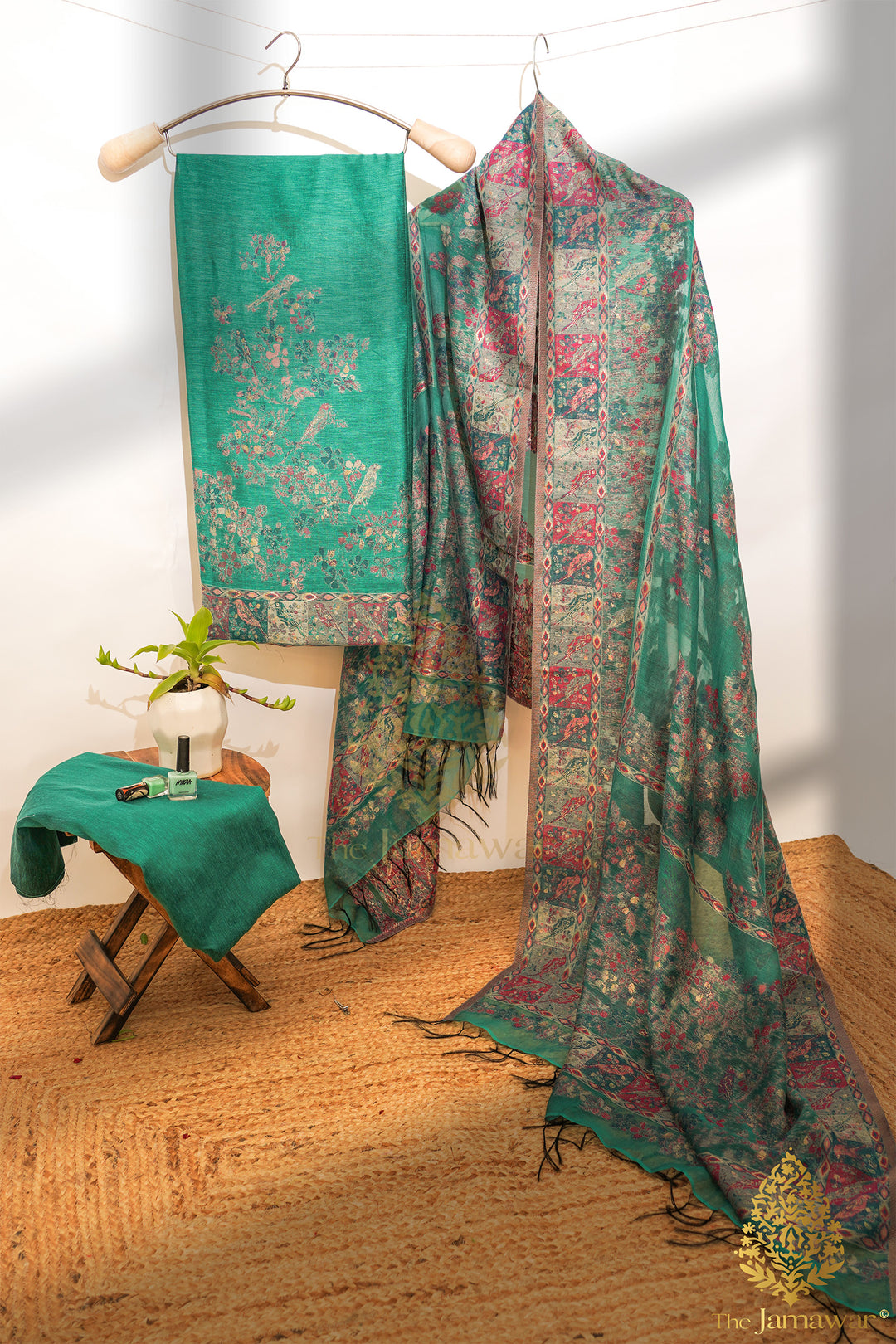 Traditional Green Unstitched Suit Pure Silk