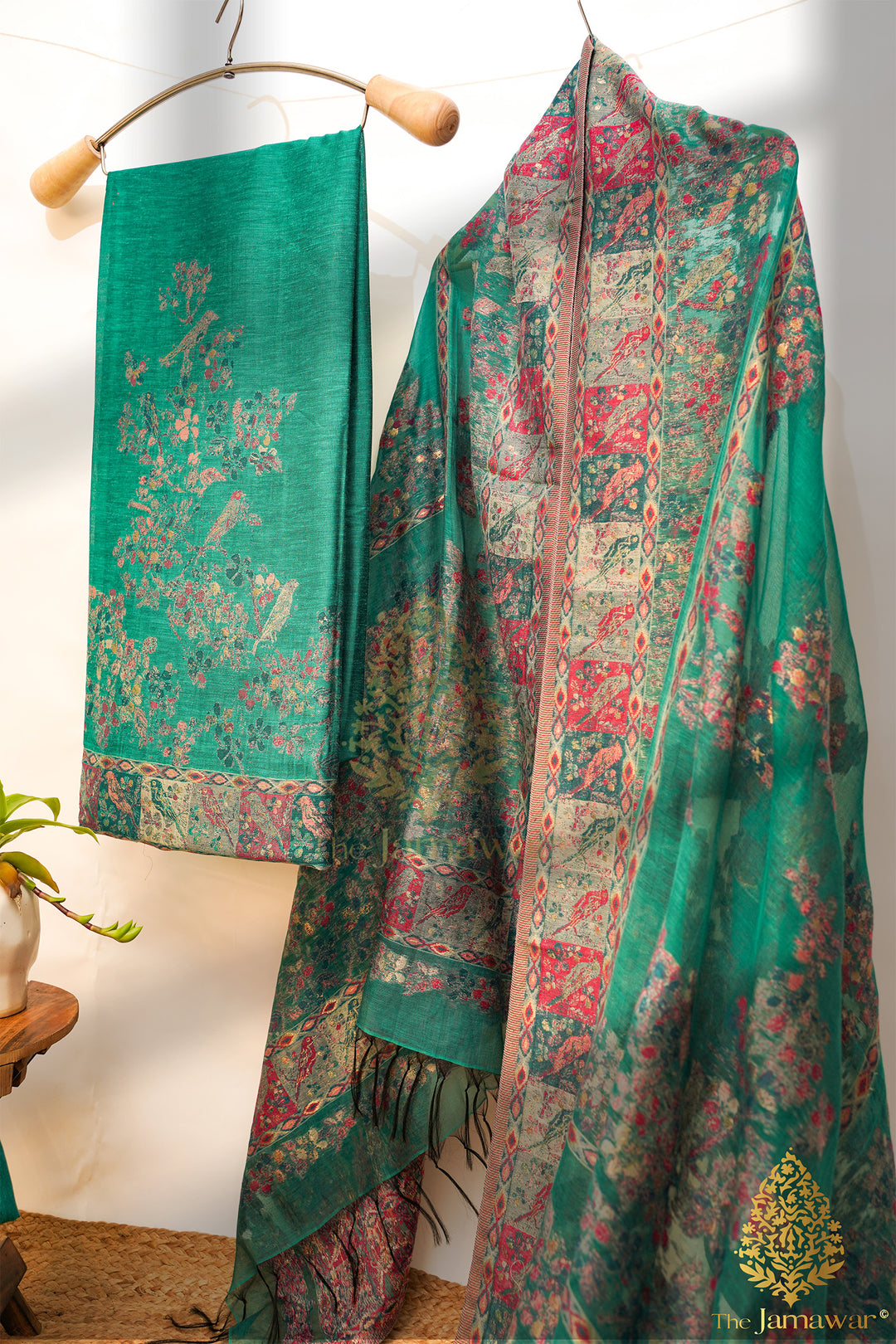 Traditional Green Unstitched Suit Pure Silk