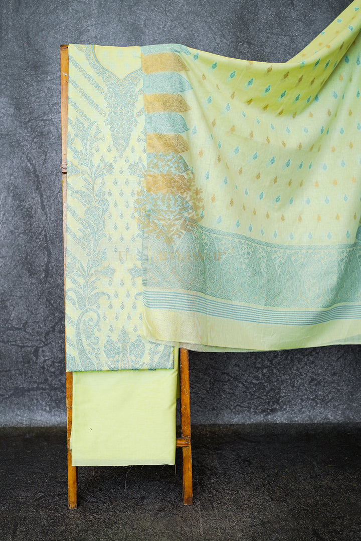 Enchanting Lime Green Mulmul Cotton Linen Lawn Suit