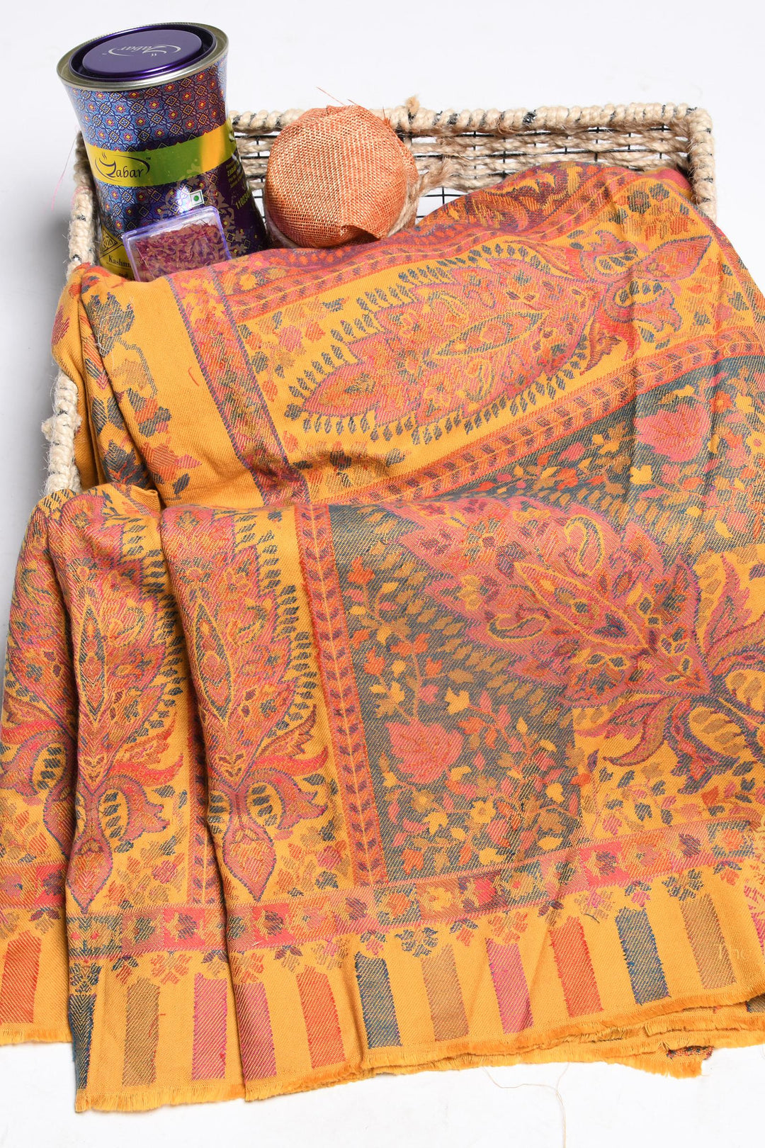 Mustard Kani Jamawar Bed Cover – Floral Paisley