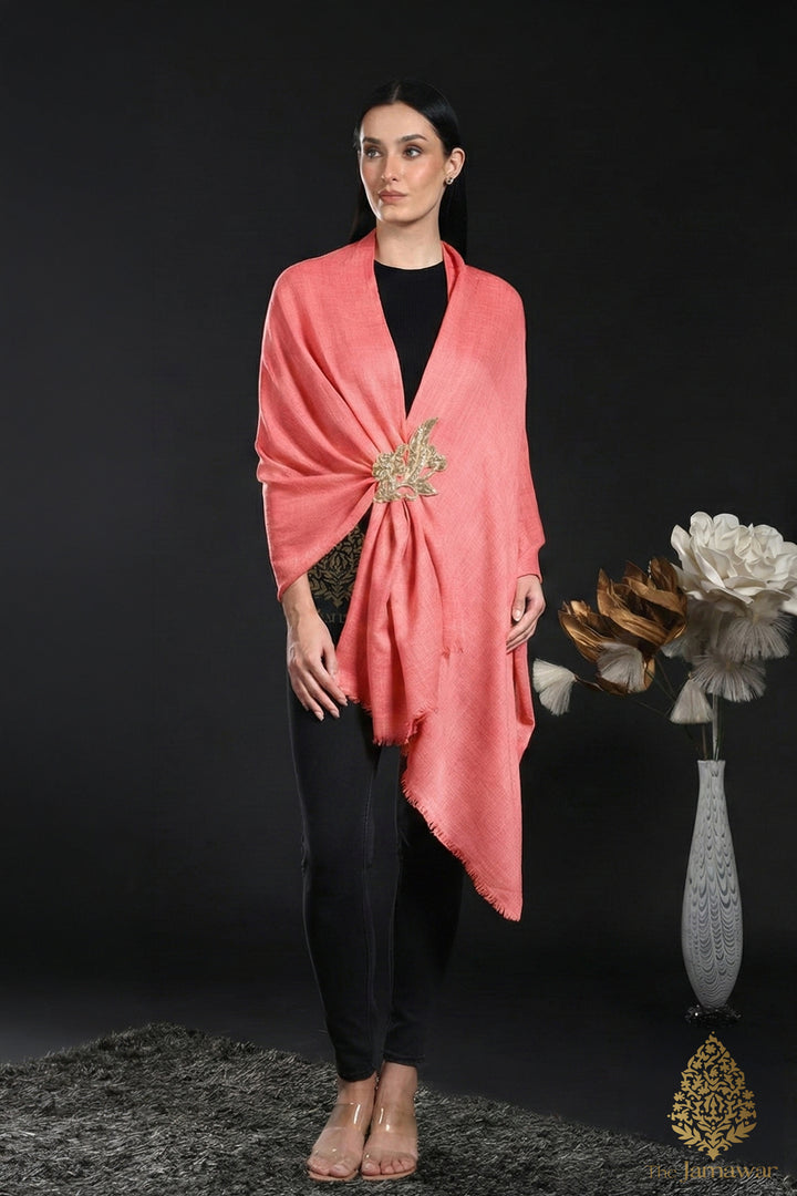 Coral Pink Wool Wrap with Gold Brooch