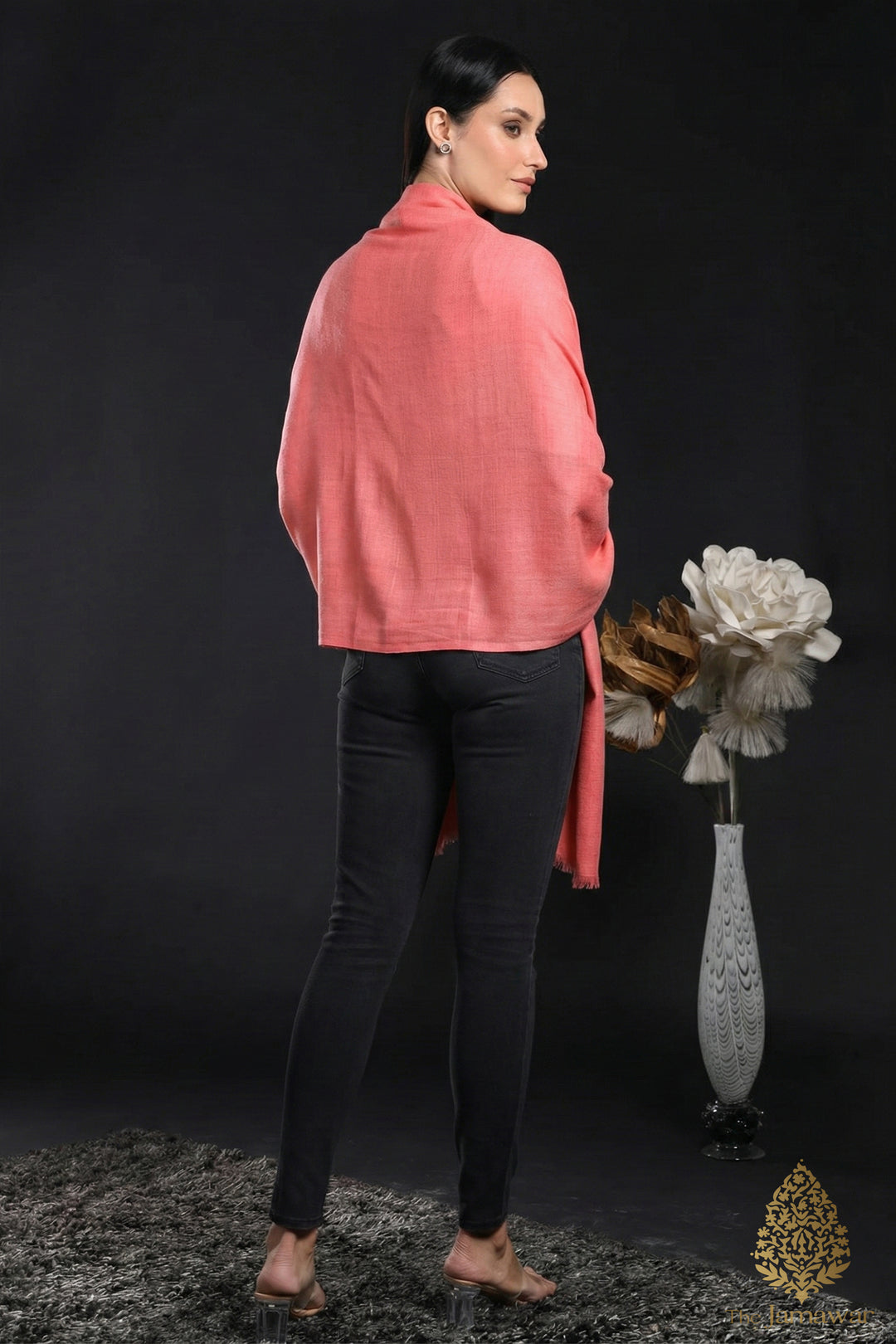 Coral Pink Wool Wrap with Gold Brooch