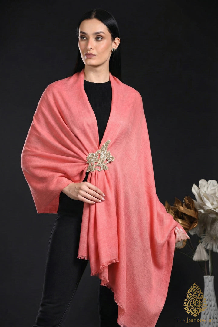 Coral Pink Wool Wrap with Gold Brooch