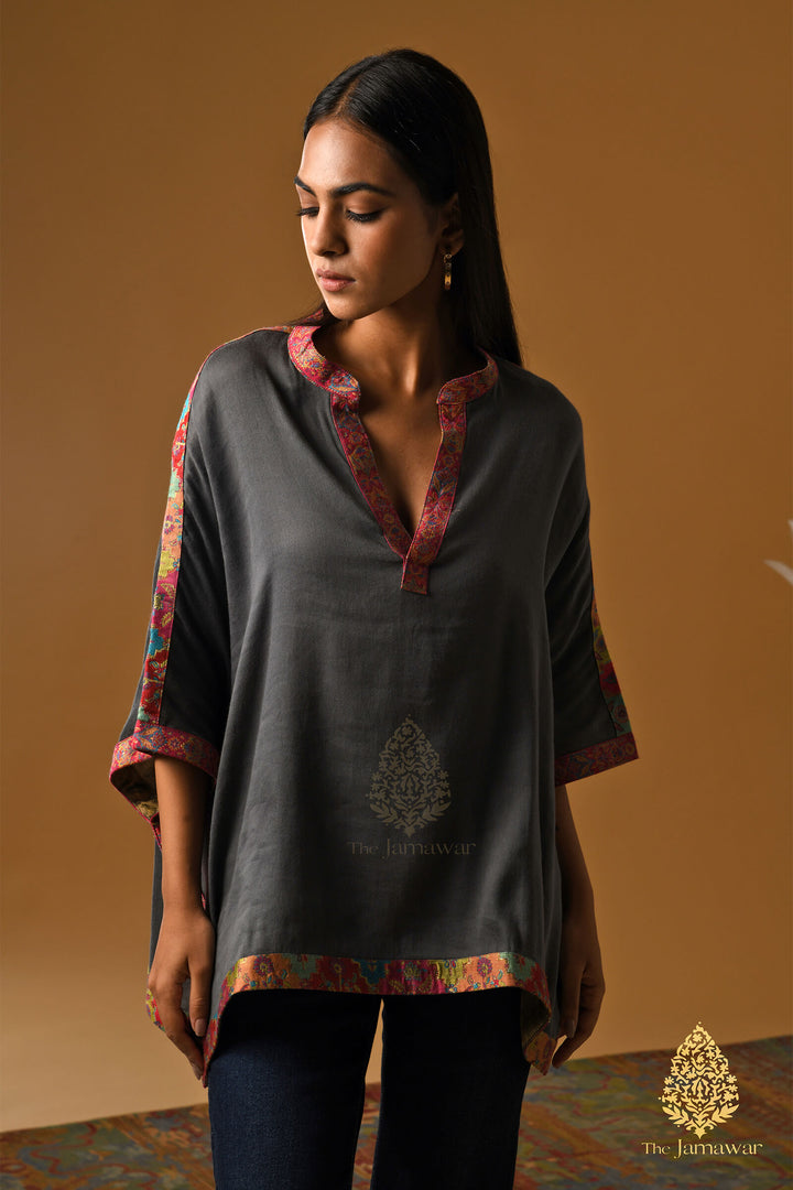 Grey Merino Wool Kaftan Top with Kalamkari Border