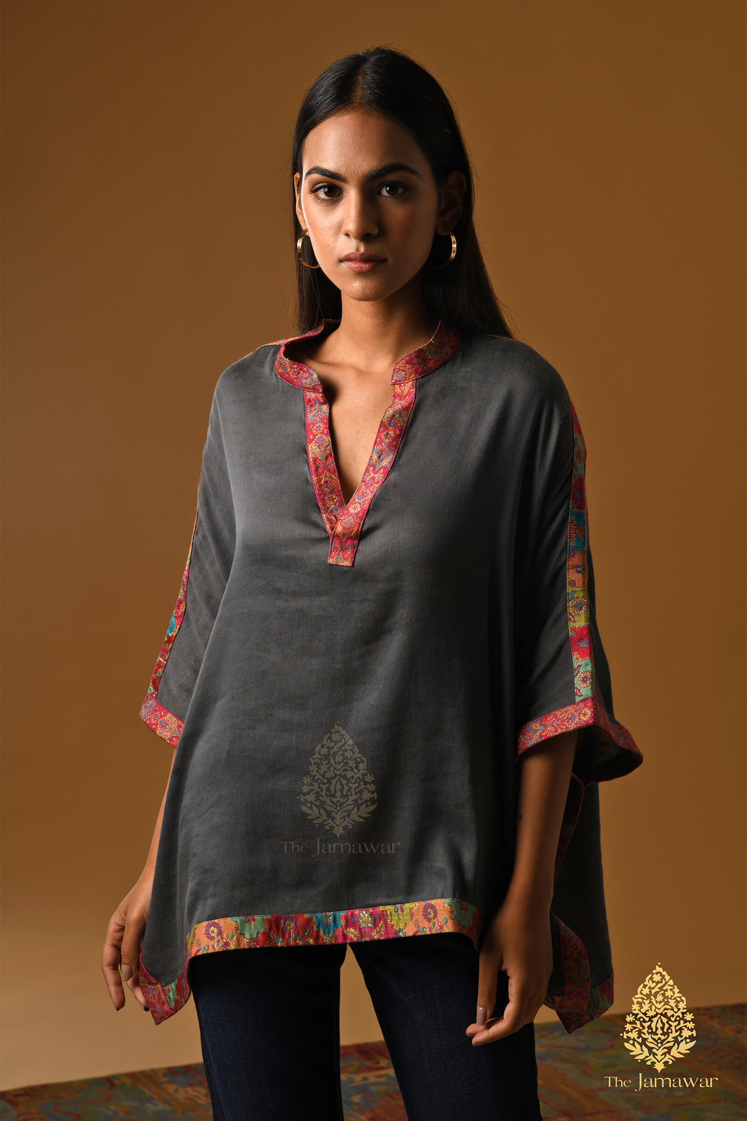 Grey Merino Wool Kaftan Top with Kalamkari Border