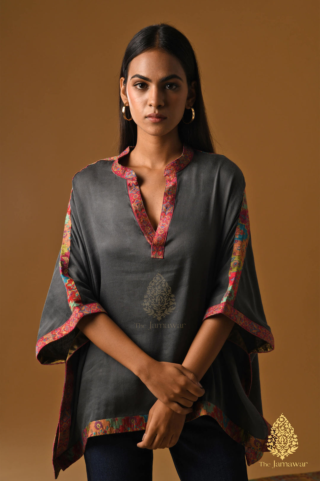 Grey Merino Wool Kaftan Top with Kalamkari Border