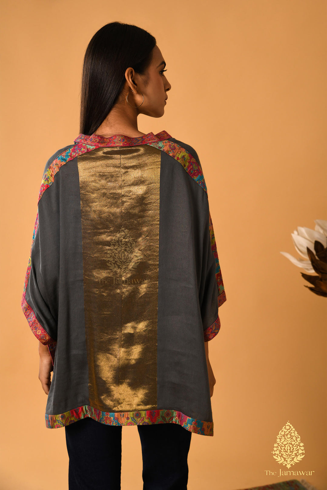 Grey Merino Wool Kaftan Top with Kalamkari Border