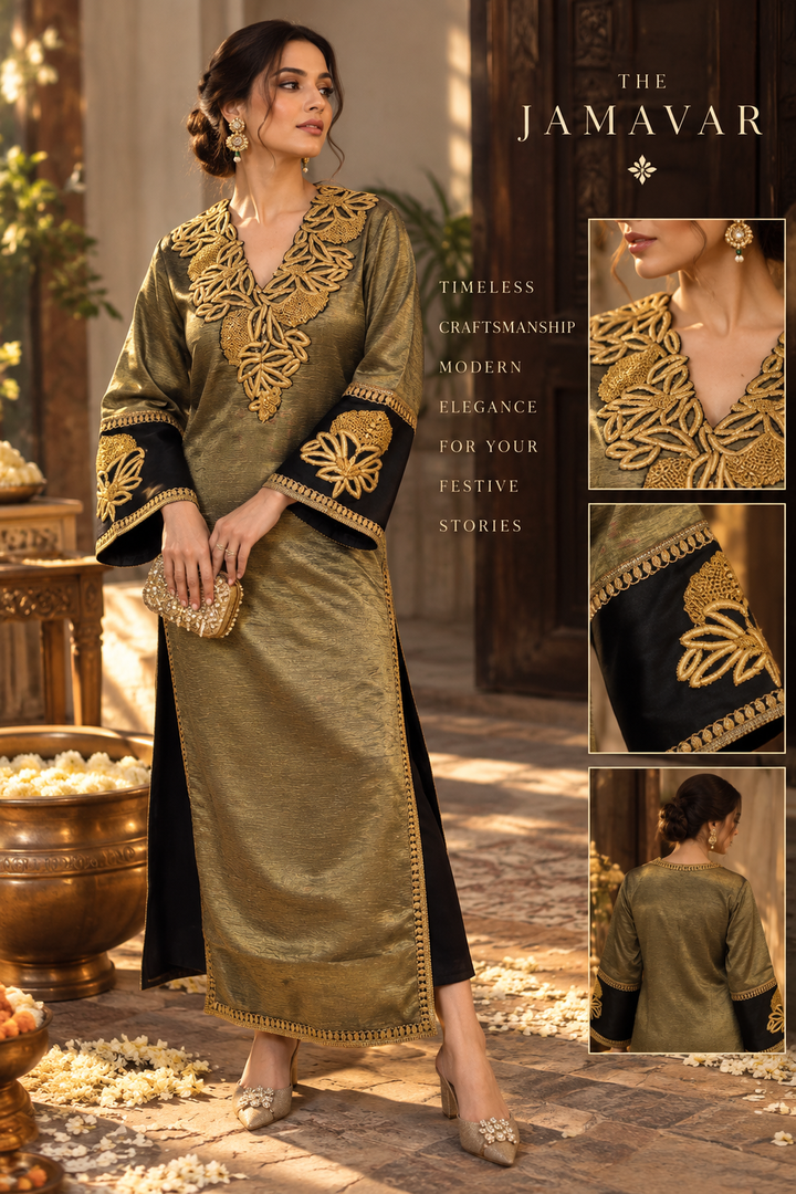 Olive Gold Embroidered Tissue Tunic