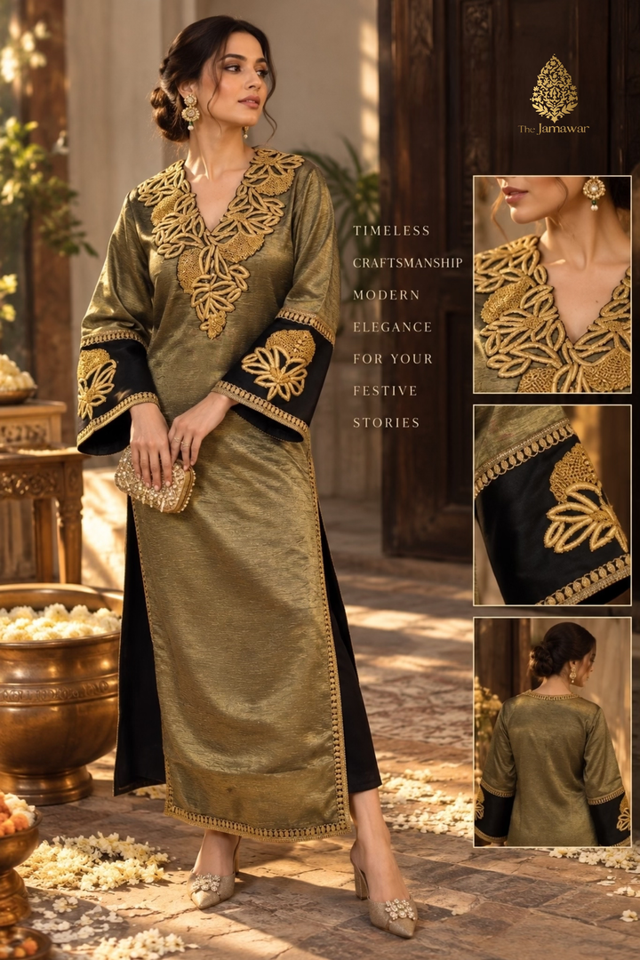 Olive Gold Embroidered Tissue Tunic