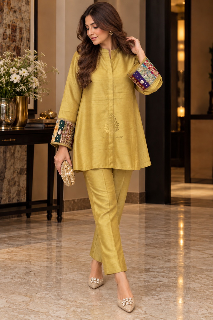 Mustard Gold Hand-Embroidered Raw Silk Co-ord Set