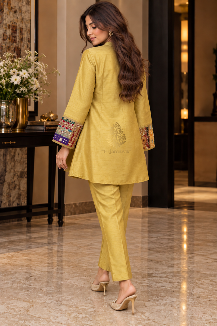 Mustard Gold Hand-Embroidered Raw Silk Co-ord Set