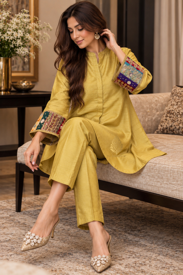 Mustard Gold Hand-Embroidered Raw Silk Co-ord Set