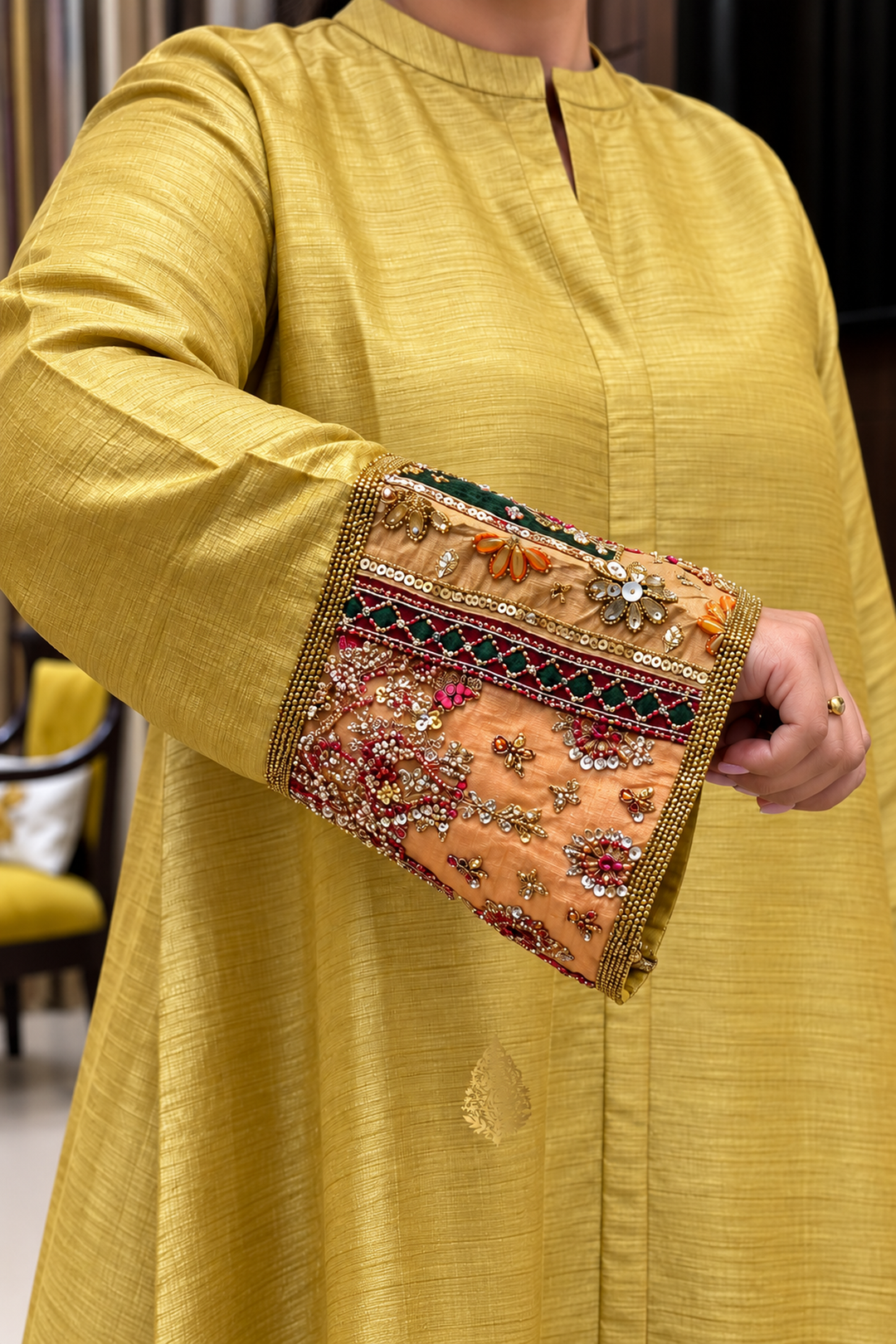 Mustard Gold Hand-Embroidered Raw Silk Co-ord Set