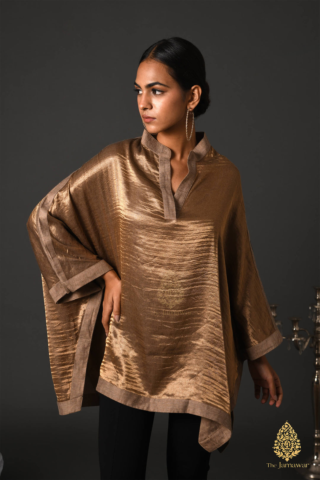 Beige Merino Wool Kaftan Top with Zari Detailing