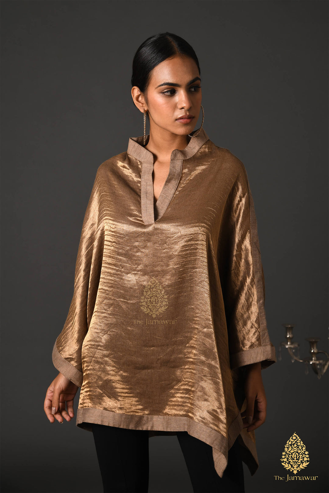 Beige Merino Wool Kaftan Top with Zari Detailing