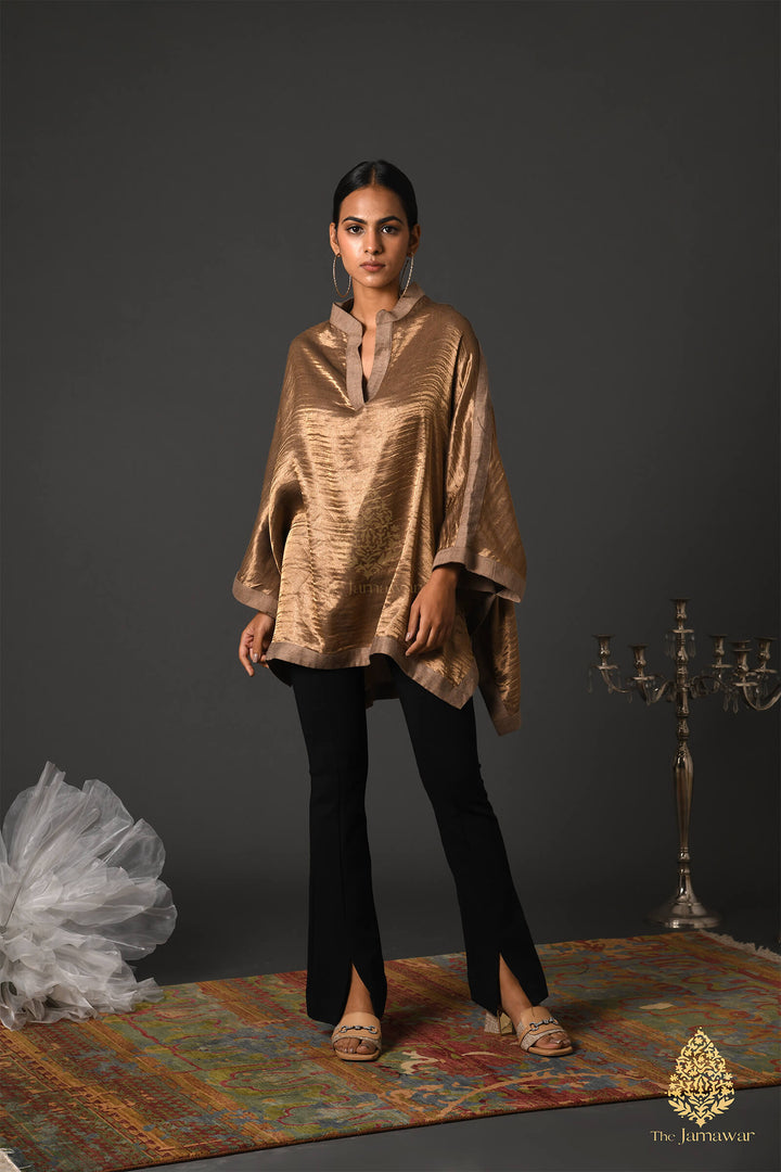 Beige Merino Wool Kaftan Top with Zari Detailing