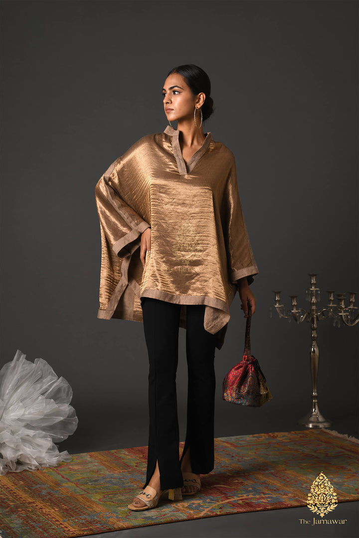 Beige Merino Wool Kaftan Top with Zari Detailing