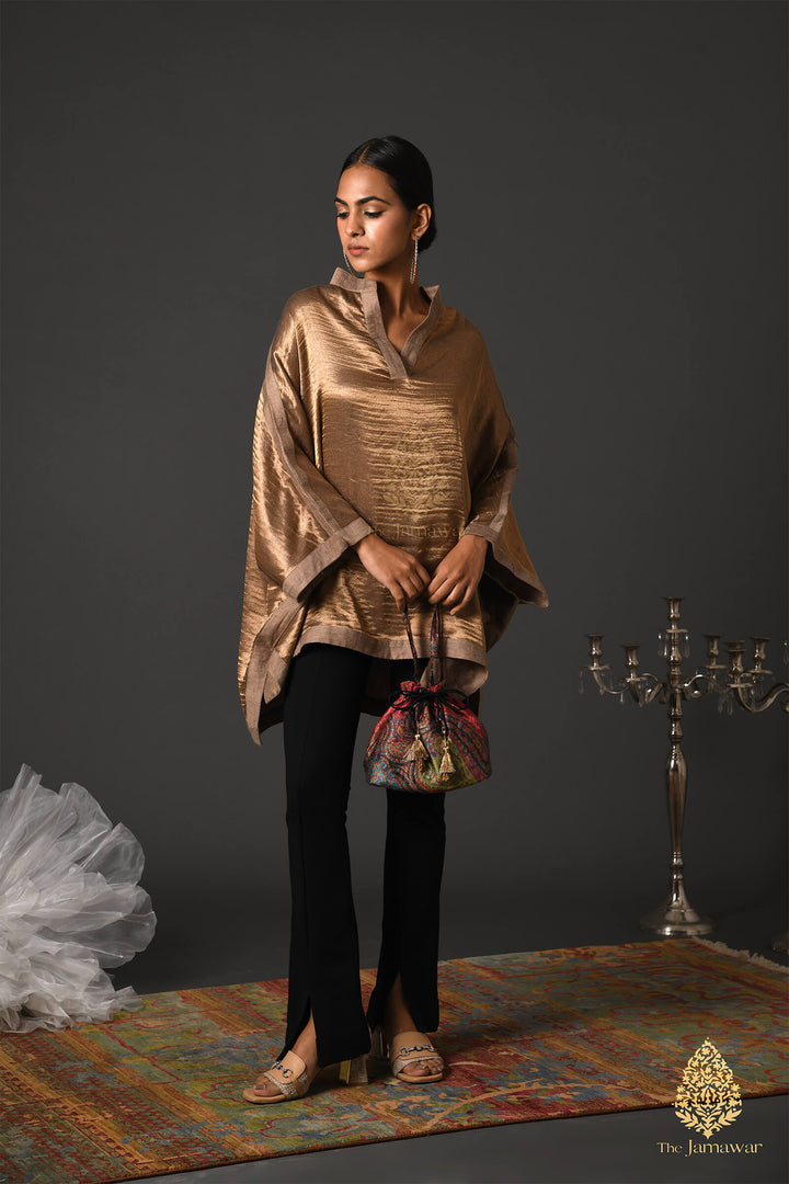 Beige Merino Wool Kaftan Top with Zari Detailing