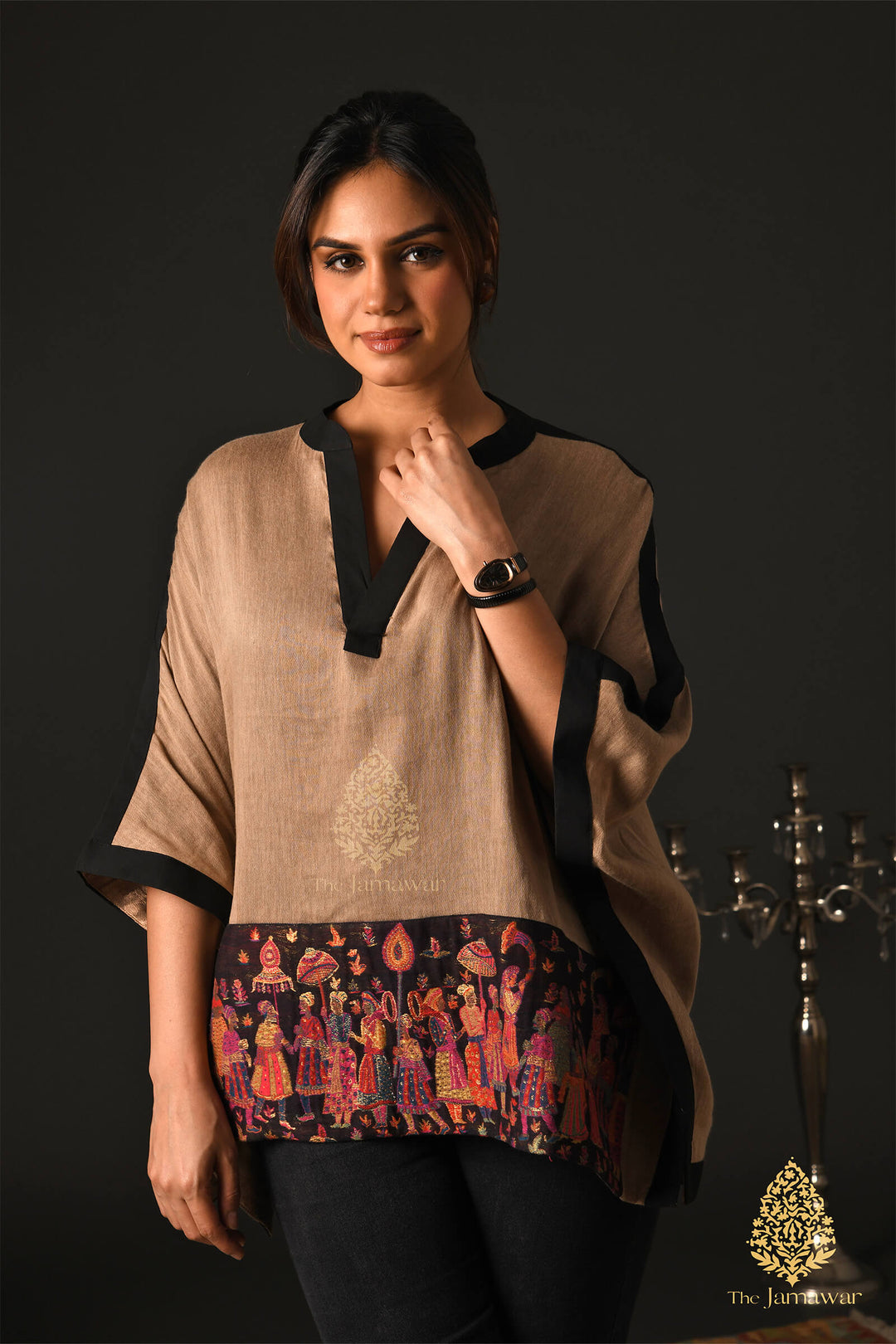 Beige Merino Wool Kaftan Top with Kalamkari Border