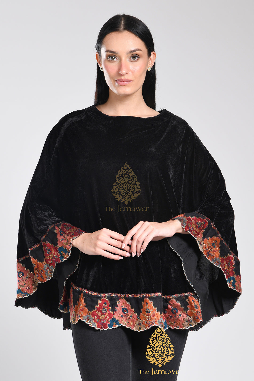 Pure Velvet Cape with Zari Borders & Crystal Handwork