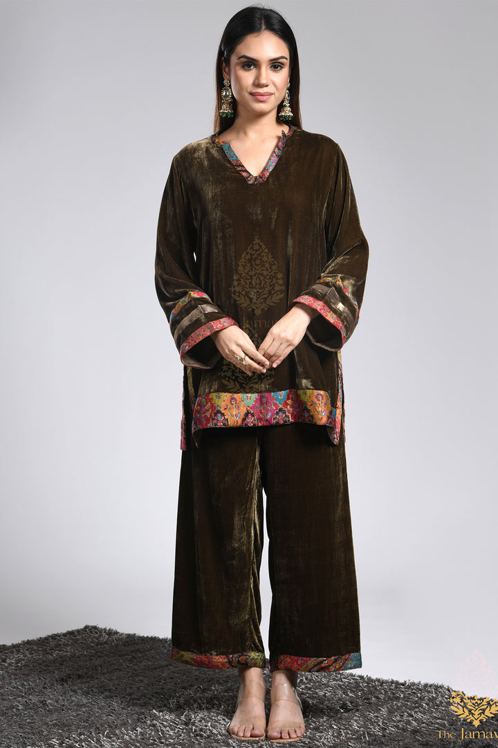 Olive Velvet Jamawar Ensemble