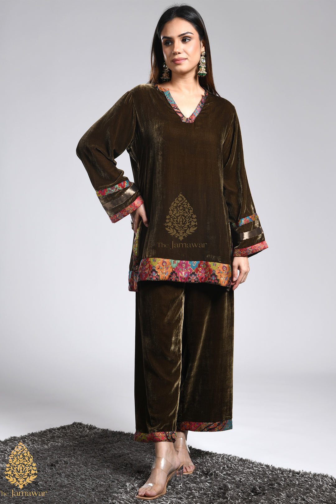 Olive Velvet Jamawar Ensemble