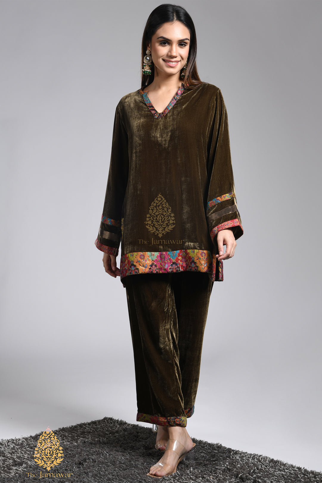 Olive Velvet Jamawar Ensemble