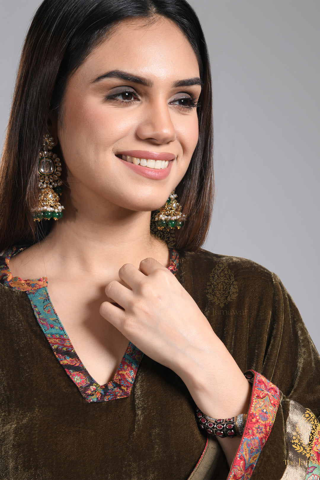 Olive Velvet Jamawar Ensemble