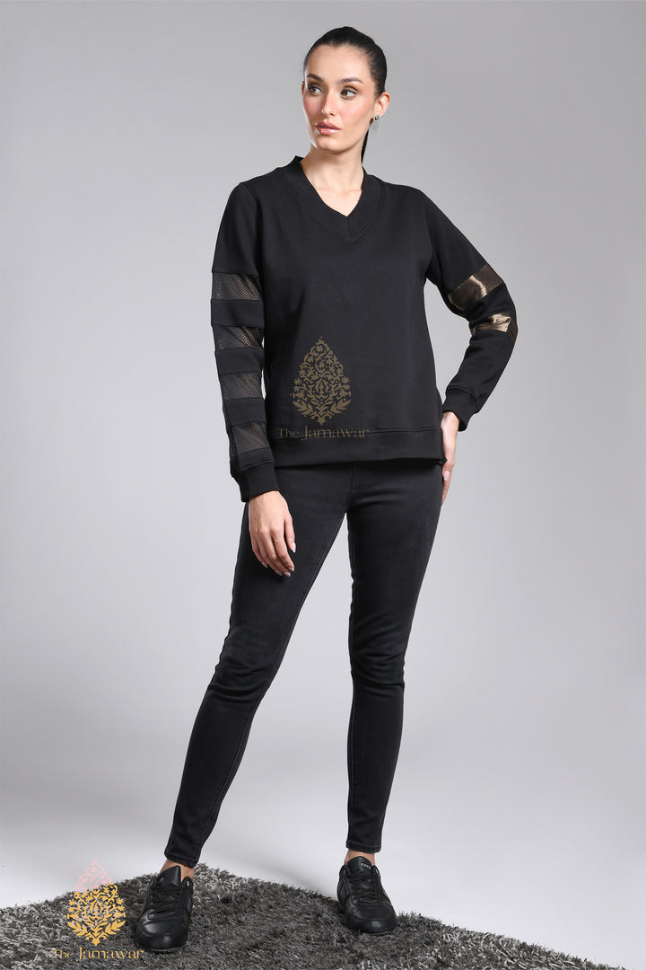 V-Neck Net Sleeves Fleece Sweatshirt