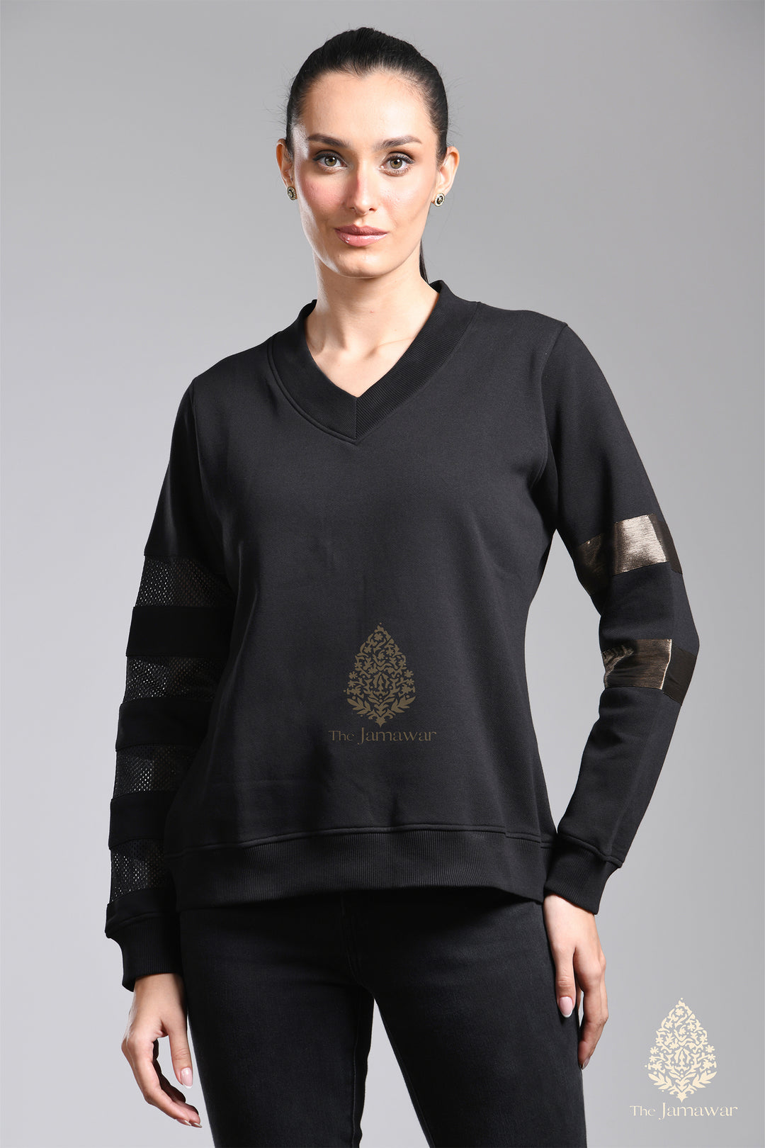 V-Neck Net Sleeves Fleece Sweatshirt