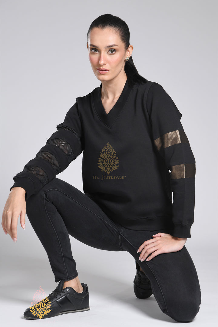 V-Neck Net Sleeves Fleece Sweatshirt