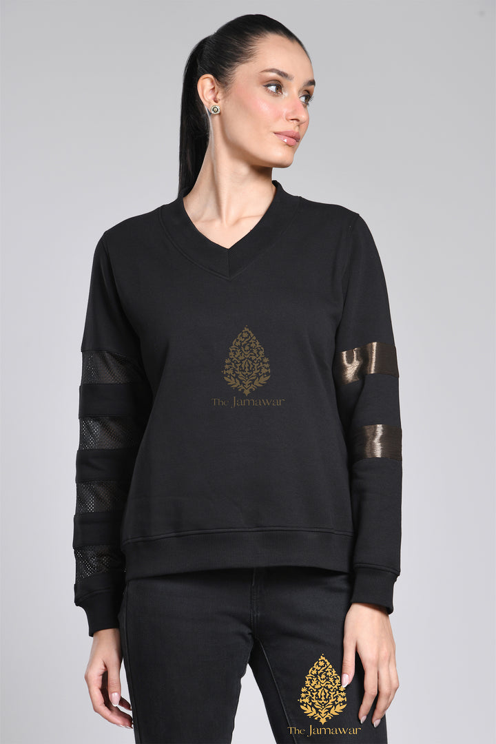 V-Neck Net Sleeves Fleece Sweatshirt