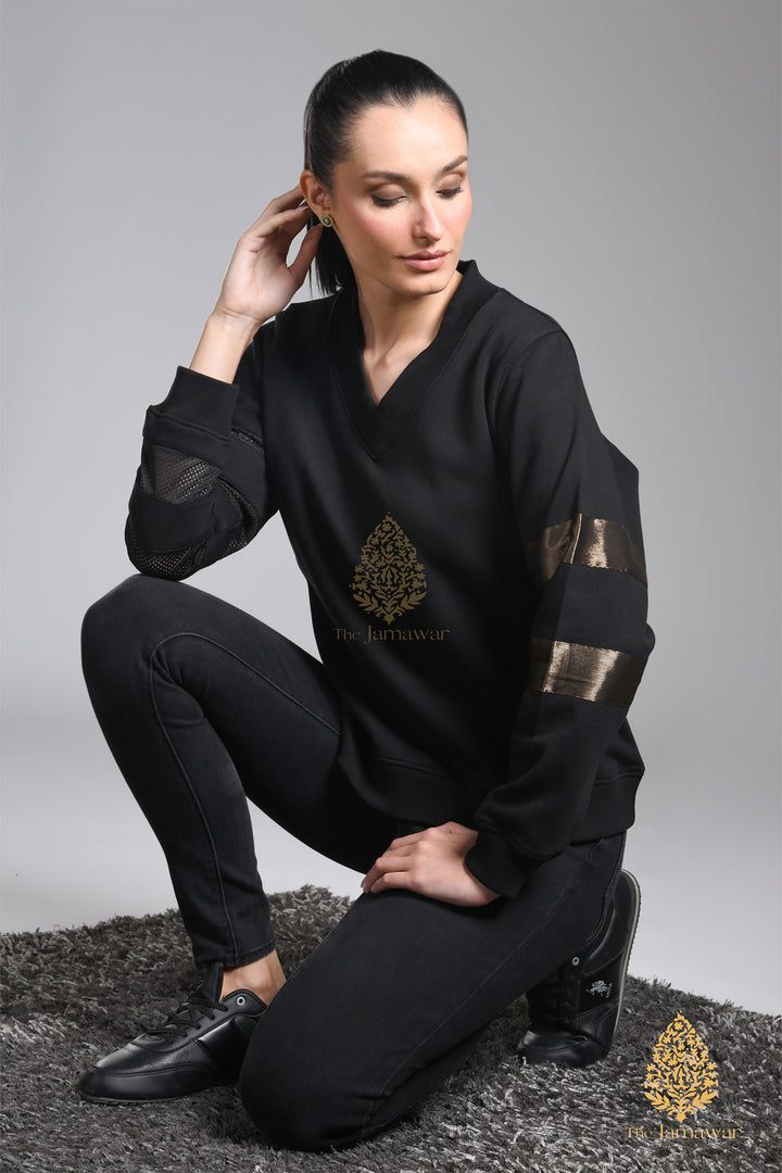 V-Neck Net Sleeves Fleece Sweatshirt