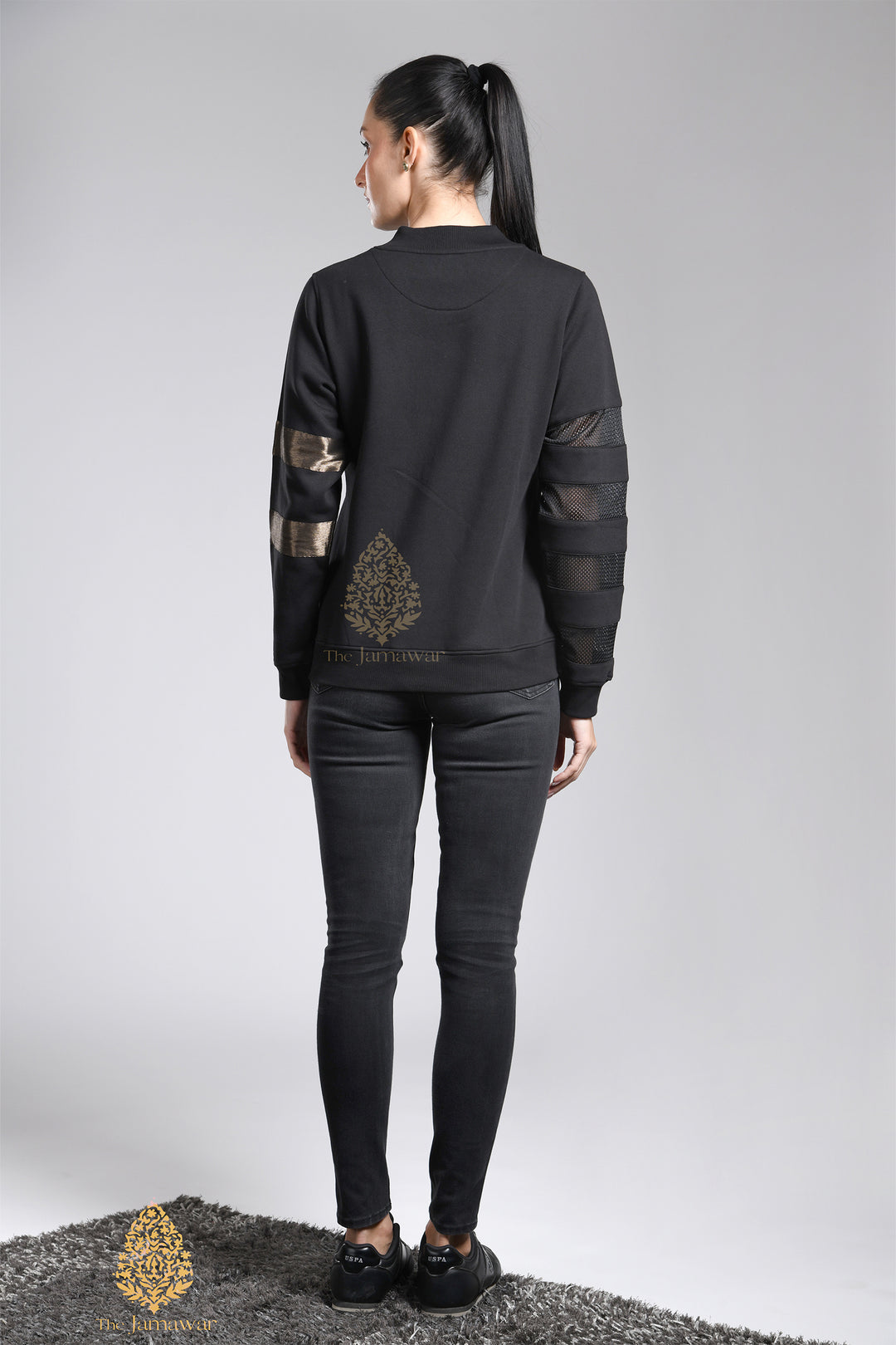 V-Neck Net Sleeves Fleece Sweatshirt