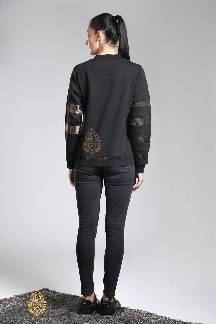 V-Neck Net Sleeves Fleece Sweatshirt
