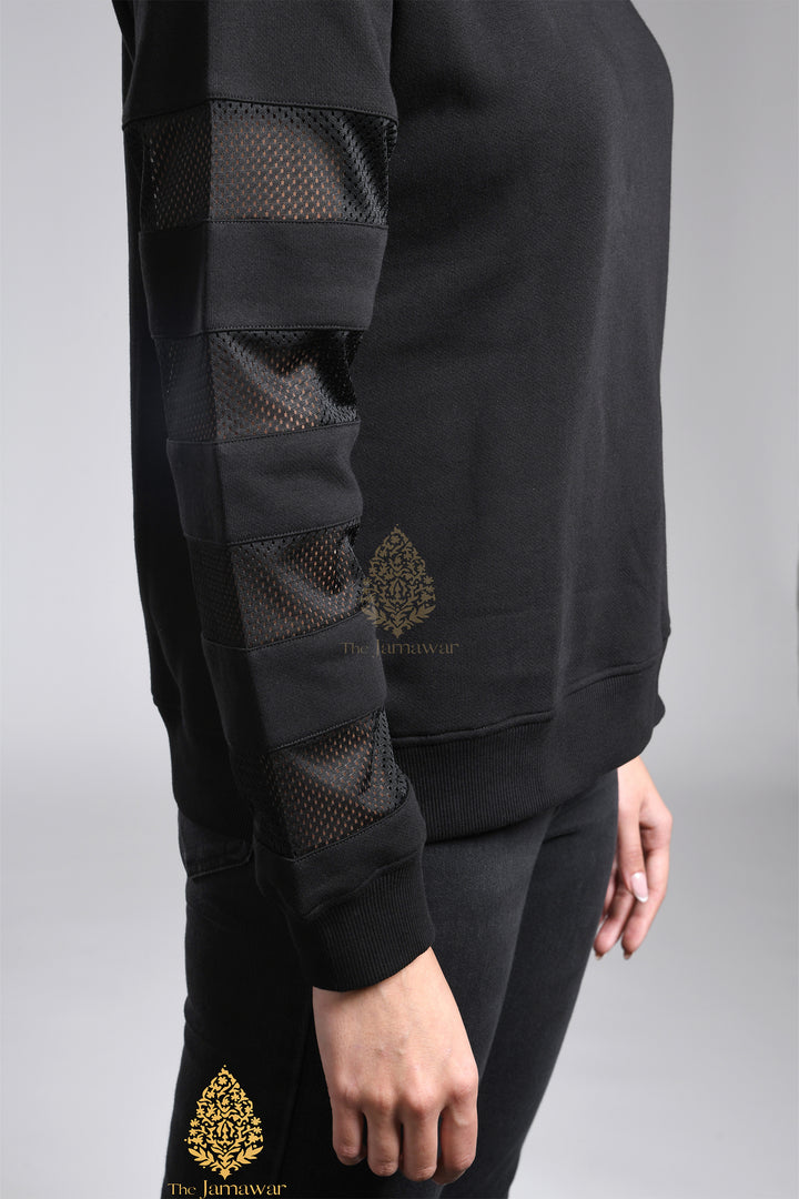 V-Neck Net Sleeves Fleece Sweatshirt