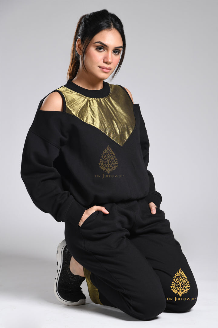 Off-Shoulder Gold Sweatshirt with Pants Full Set