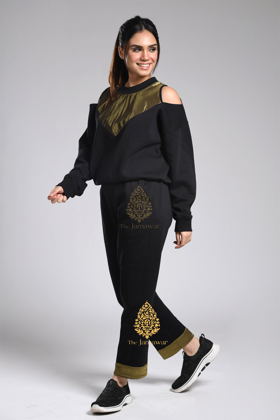 Off-Shoulder Gold Sweatshirt with Pants Full Set