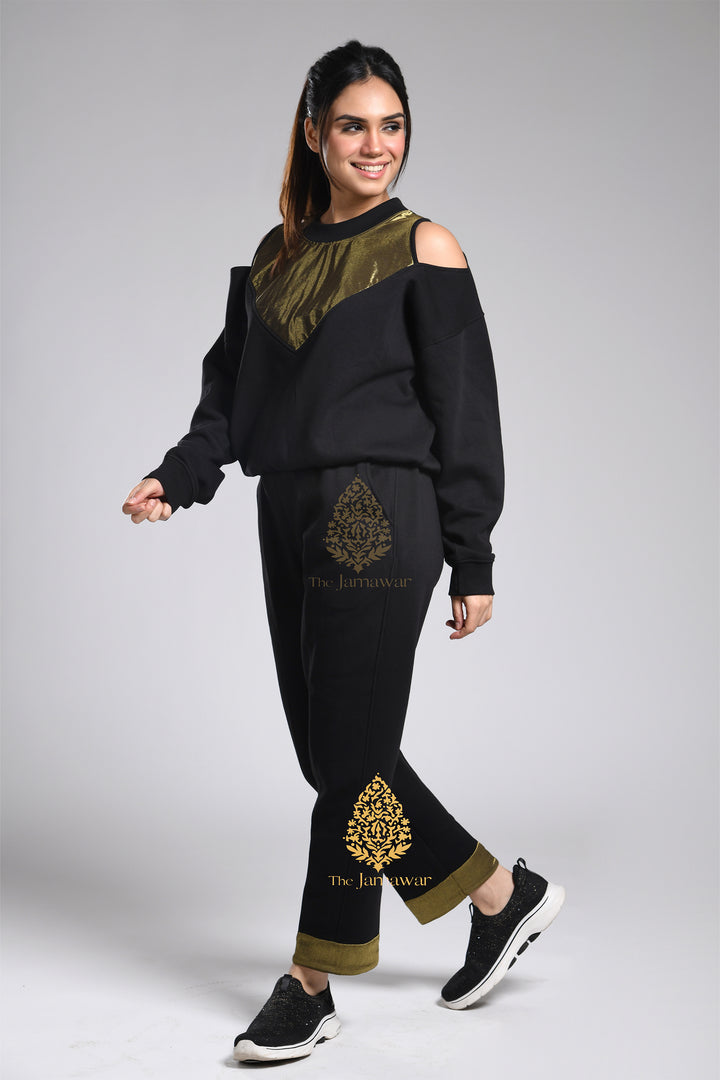 Off-Shoulder Gold Sweatshirt with Pants Full Set